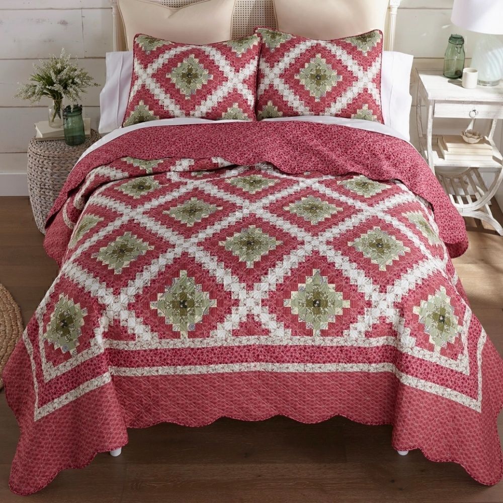 NEW! Sweet Melon QUEEN Size Printed Quilt Set Diamond Farmhouse Country Boho